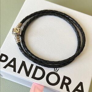 Pandora Double Wrap Black Leather Bracelet with Silver Clasp